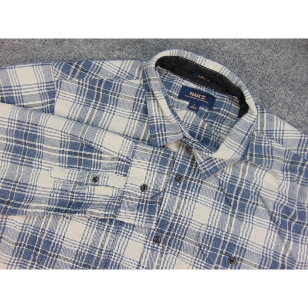 Roark Flannel Shirt Mens Large‎ Classic Fit Blue White Plaid Outdoors Gorpcore